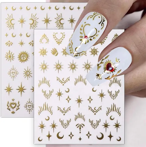 Miniatura 6 de 12pcs Aurora Plata Estrella Luna Nail Art Pegatinas 3D para las Mujeres Oro Rosa Sol Corazón Calcomanías de Diseño Láser Suministros