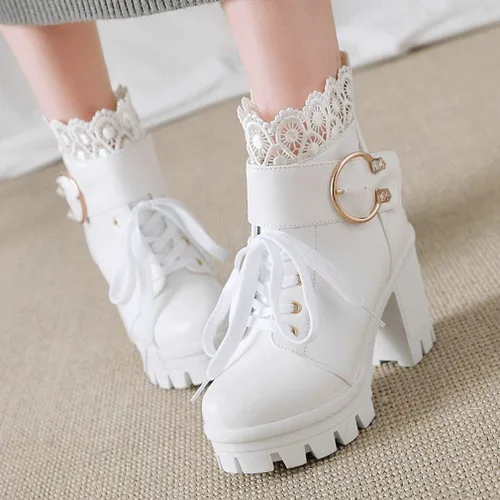 Miniatura 5 de LUXMAX Botines de tacón de bloque para mujer, con cordones, plataforma gruesa, bonitos botines cortos