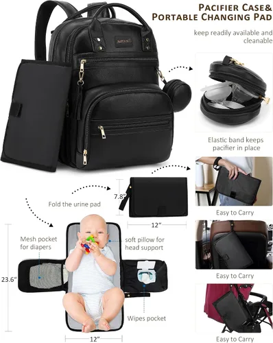 Miniatura 5 de ROSEGIN Mochila para pañales de cuero vegano de alta calidad con cambiador impermeable, cremalleras reforzadas y sin olor, organizador profesional