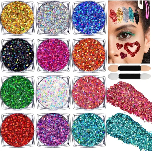 Miniatura 10 de Teenitor Gel de Purpurina para Cara y Cuerpo, Gel de Purpurina para Maquillaje y Festival, 12 Colores de Gel de Purpurina para Cara y Cuerpo, Gel