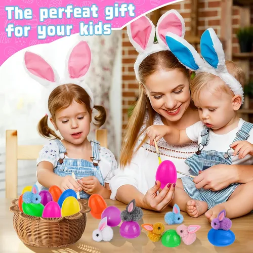 Miniatura 7 de Paquete de 24 rellenos de huevos de Pascua con conejito de Pascua de peluche con juguetes en el interior, mini animales de peluche de Pascua, huevos
