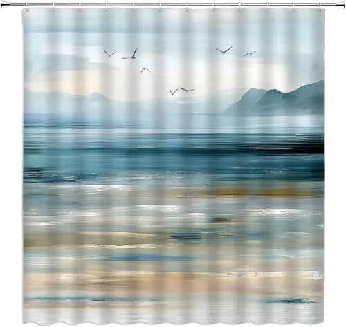 Cortina de ducha abstracta de playa, océano, olas de mar, montaña, naturaleza, paisaje, pintura al óleo, cortina de decoración de baño con ganchos,