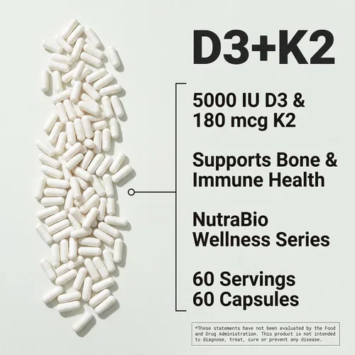 Miniatura 6 de NutraBio Vitamina D3 K2 5000 UI D3 como colecalciferol con vitamina K2 como MENA-Q MK7 (180 mcg) Apoya la salud ósea y cardíaca Sin OMG, sin