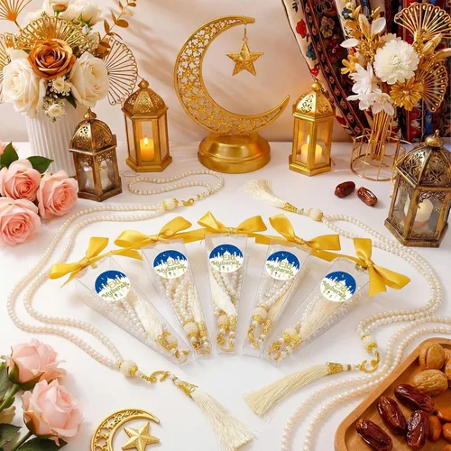 Miniatura 7 de Yinkin 12 juegos de cuentas de oración musulmana, regalos de fiesta islámica Eid con calcomanías, caja de lazos, festival musulmán, rosario, joyería