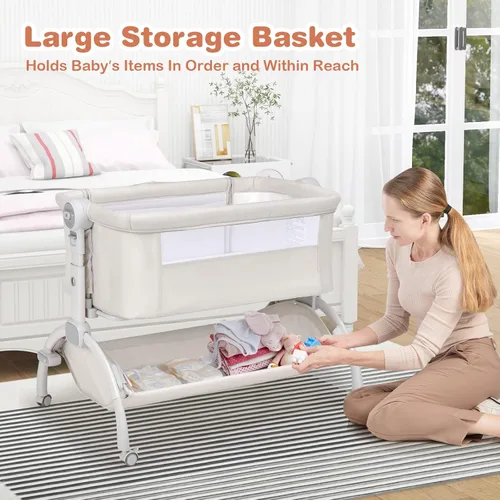 Miniatura 6 de BABY JOY Cuna de bebé, Cuna mecedora 3 en 1 con cesta de almacenamiento, diseño de doble bloqueo, 7 alturas ajustables, colchón suave y bolsa