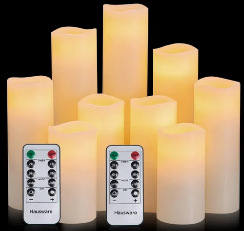Hausware Velas sin llama, funciona con pilas, de 4, 5, 6, 7, 8, 9 pulgadas, velas LED parpadeantes sin llama con control remoto y temporizador,
