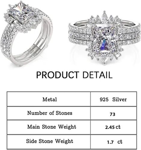 Miniatura 2 de Jeulia Juego de 2 anillos de compromiso vintage de plata de ley con halo irregular radiante para mujer, con caja de regalo