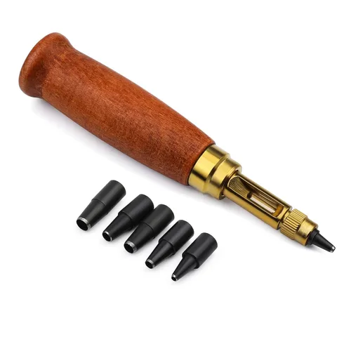 Miniatura 8 de Mnuizu Perforadora japonesa ajustable, 6 tamaños de punta perforadora de cuero ajustable, mango de madera, agujero para cinturón, herramienta