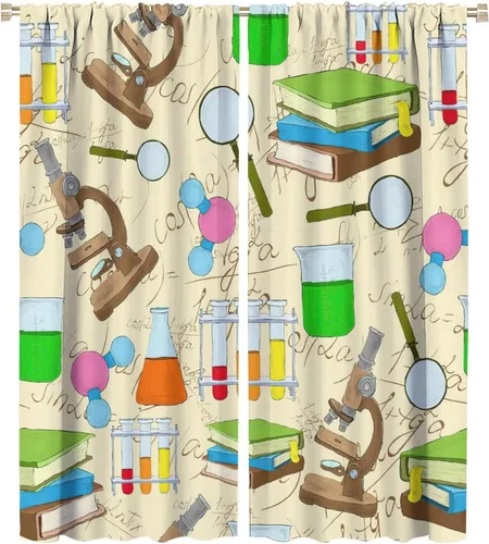Miniatura 66 de Cortinas opacas para ventanas de ciencia para niños, lupa de libro de laboratorio de ciencia, lupa, frascos moleculares, cortinas impresas