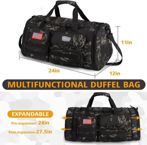 Miniatura 7 de Bolsa de gimnasio expandible para hombres, táctica grande 3 en 1, bolsa deportiva con compartimento para zapatos, resistente al agua, bolsa de mano
