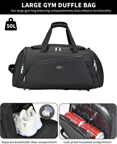 Miniatura 4 de Bolsa de gimnasio impermeable para hombres y mujeres, bolsa de lona convertible grande de 50 L, mochila y bolsa de hombro para viajes, fin