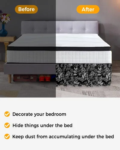Miniatura 3 de Falda de cama de flores negras tamaño Queen de 16 pulgadas de caída, ajustable y elástica envolvente, plisada, con volantes de polvo de lujo