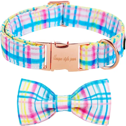 Unique style paws Collar de perro para el día de Pascua con pajarita, collar de cachorro de cuadrícula azul y rosa para niños pequeños, medianos y