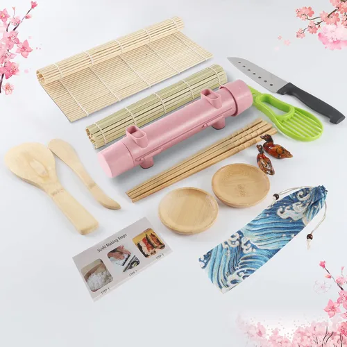 Thanice Kit de fabricación de sushi, máquina de sushi contiene sushi bazuca/rodillo de sushi, alfombrilla de sushi, paleta, esparcidor, cuchillo de