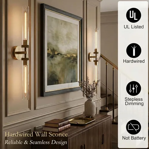 Miniatura 6 de Aplique de pared de baño de 30", apliques de pared de latón con cableado fijo, aplique de pared dorado regulable, apliques lineales moleteados