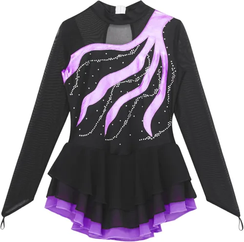Miniatura 17 de Loyan Vestido de patinaje artístico brillante para niñas y niñas, de malla, de manga larga, patinaje sobre ruedas, competición de baile