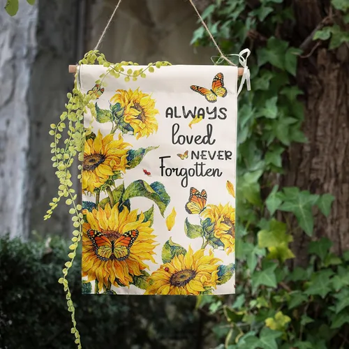 Miniatura 7 de Always Loved Never Forgotten - Bandera de jardín conmemorativa de 12 x 18 pulgadas, bandera de girasol de doble cara para patio, bandera de mariposa