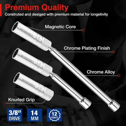 Miniatura 3 de WORKPRO 3 piezas 14 mm llave de bujía, llave magnética giratoria de pared delgada con extensiones de 6 y 10 pulgadas, accionamiento de 3/8 pulgadas