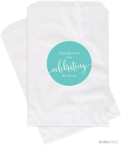 Miniatura 4 de Andaz Press Bolsas de regalo personalizadas para mesa de postre, agradecimiento por celebrar con nosotros, aguamarina, paquete de 24, personalizadas