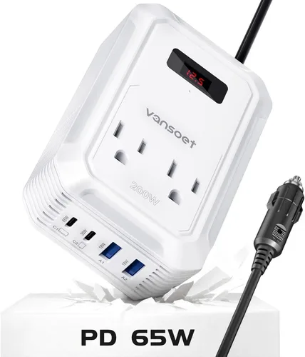 Miniatura 13 de Inversor de energía para automóvil de 200W CC 12V a 110V CA con PD 65W/30W USB C y 2 puertos USB QC 18W y 2 salidas CA, adaptador de enchufe
