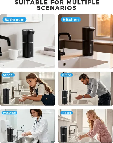 Miniatura 9 de Dispensador automático de jabón espumoso sin contacto, dispensador de jabón de manos inteligente recargable por USB, 9 niveles ajustables, 13.5 Negro
