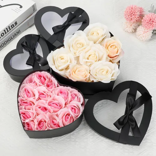 Miniatura 5 de Cajas negras en forma de corazón para arreglos florales, cajas de corazón para flores, juego de 4 cajas de regalo anidables con tapas transparentes