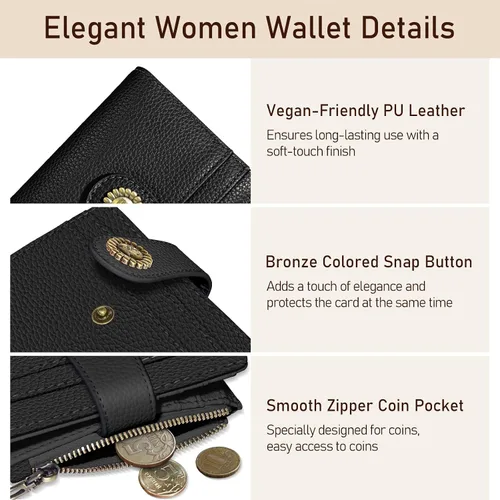 Miniatura 6 de Kelvoris Cartera pequeña Rfid para mujer, plegable, con cremallera, bolsillo para monedas, piel sintética, compacto, para tarjetas de crédito