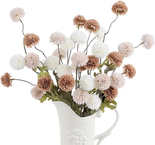 Miniatura 17 de DuHouse 6 piezas de flores artificiales de seda falsa pompón, mini rosa falsa pequeña con tallos para ramos de bodas, centros de mesa, jarrones, Café