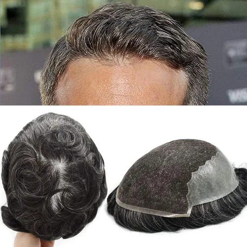 Toupee para hombres, sistema de reemplazo de cabello humano Remy, nudos blanqueados, encaje frontal, piel fina, para hombre, color gris, pelucas