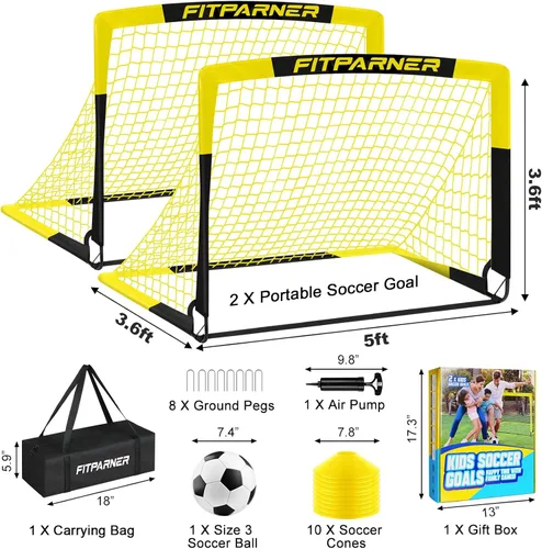 Miniatura 2 de Juego de 2 redes de fútbol portátiles con pelota, conos, kit completo de equipo de entrenamiento para niños pequeños, jóvenes, niños de 3 a 14 años
