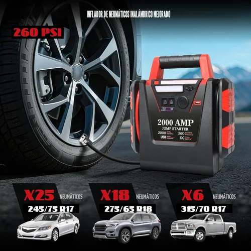 Miniatura 3 de Arrancador con compresor de aire, arrancador de batería de coche de 2000A, inflador de neumáticos de 260 PSI, amplificador de batería de plomo-ácido