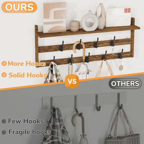 Miniatura 2 de AMBIRD Perchero de pared con estante, perchero de pared de 29" con 9 ganchos de metal para entrada, baño, dormitorio, sala de estar, cocina, ganchos