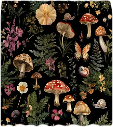 Vintage Mushroom Shower Curtain Fern Plants Boho Botanical Retro Rustic Floral Butterfly Fairy Forest Cute Bath Decor Curtain with Hooks, 35x70 Inch