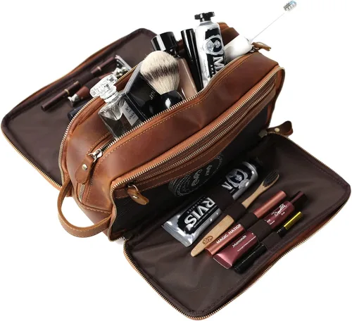 Miniatura 4 de Neceser de cuero personalizado para hombre, kit de afeitado de viaje, bolsa de cosméticos grande, organizador de baño, Negro