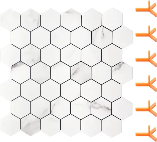 Miniatura 7 de STICKGOO Salpicaduras para pegar y pelar para la cocina, azulejos autoadhesivos hexagonales de mosaico (10 hojas, mármol blanco con metal dorado)