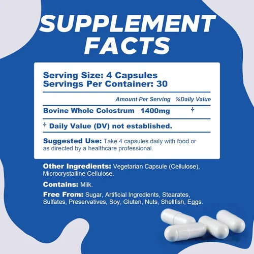 Miniatura 2 de Cápsulas de calostro bovino orgánico, suplemento de calostro de 1400 mg en polvo para apoyo inmunológico e intestinal, apoyo energético, salud