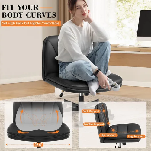 Miniatura 7 de FelixKing Silla Criss Cross con Ruedas, Silla de Oficina con Patas Cruzadas, Silla de Tocador de Escritorio Ancha sin Brazos con 2 Capas de Negro