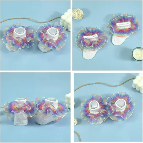 Miniatura 7 de Hopply Toddler Girls Double Lace Socks Turn Cuff Shimmering Big Ruffle Rainbow Style Dress Lace Socks for Infant Kids