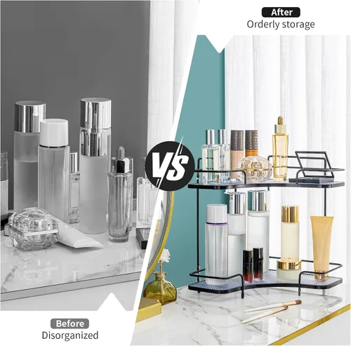 Miniatura 2 de Seoneiro Organizador de esquina de 2 niveles para encimera de baño, organizador cosmético para el cuidado de la piel, bandeja de perfume