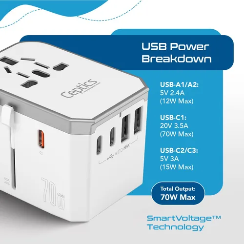 Miniatura 6 de Ceptics Adaptador de viaje universal 6 en 1 con PD 70W USB-C y 2X USB-A y 2X USB-C 3A, cargador universal con QC 3.0 para EE. UU./UE/Reino Unido/AU