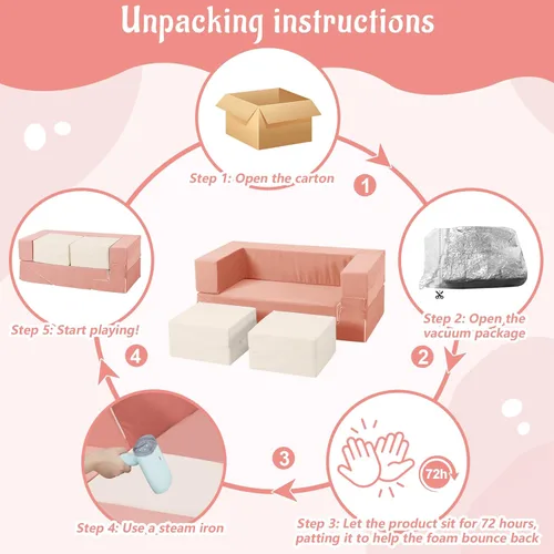 Miniatura 8 de Bloques de escalada de espuma para niños pequeños Sofá modular para niños con 2 otomanas en interiores, juego plegable suave para gatear