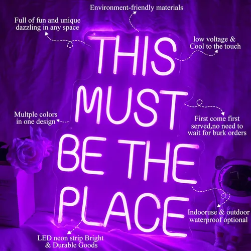 Miniatura 2 de Letrero de neón con luz LED con texto en inglés «This Must Be The Place», decoración de pared para bodas, aniversarios, fiestas, dormitorio (morado)