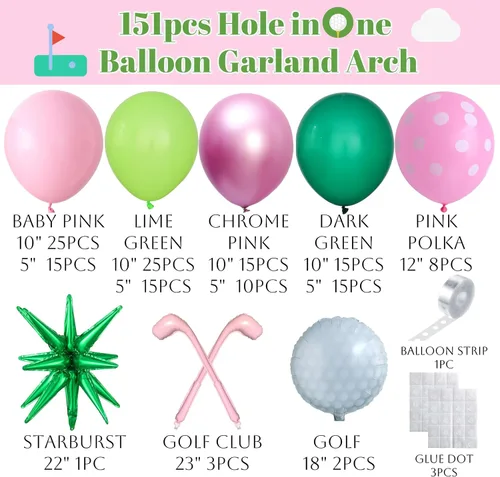 Miniatura 2 de Kit de arco de guirnalda de globos con agujero en uno, 153 piezas de palos de golf rosa y verde con estrellas y globos de aluminio para decoración