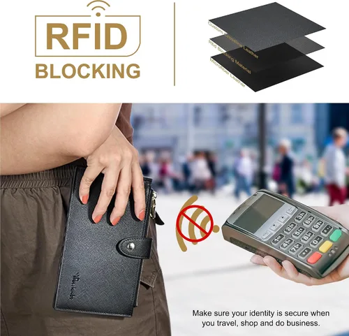 Miniatura 4 de Travelambo Billetera para mujer con bloqueo RFID plegable para múltiples tarjetas con bolsillo con cremallera, Negro -, Minimalista
