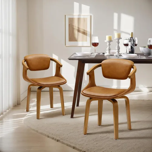 Miniatura 16 de Zouron Silla de escritorio sin ruedas, moderna silla de oficina de madera, silla de cuero sintético con brazo para sala de estar, dormitorio
