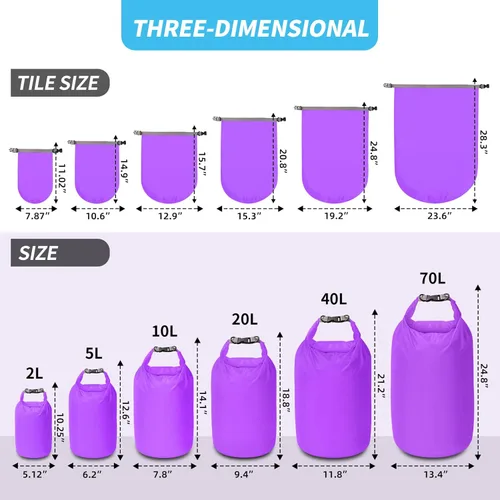Miniatura 2 de Juego de bolsas secas, impermeables, pequeñas y ligeras, bolsas secas para tabla de remo, kayak, pesca, campamento (morado, 40L, 2 unidades)