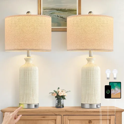 Miniatura 10 de Juego de 2 lámparas azules de mesa de 27.7 pulgadas para sala de estar con puertos USB A+C, lámpara táctil para dormitorio, 2 bombillas incluidas