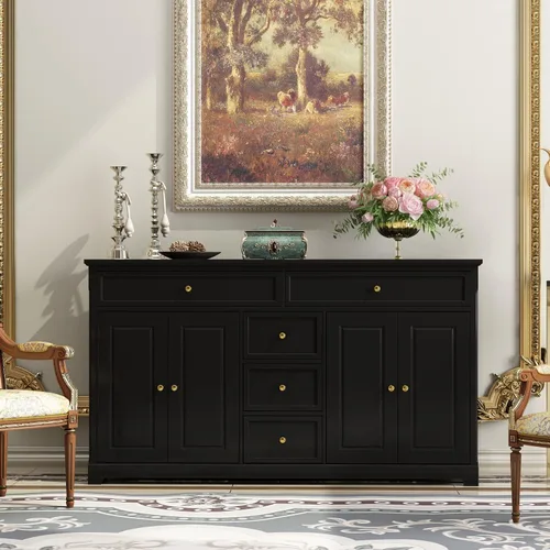 AIEGLE Aparador de cocina negro con 4 puertas y 5 cajones, armario de almacenamiento grande de 59.1 pulgadas de ancho, consola de mesa, armario de