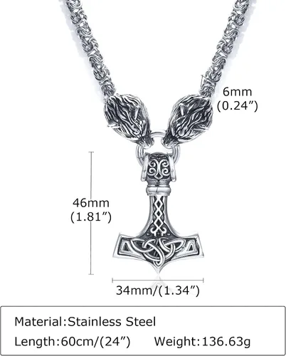 Miniatura 4 de Viking Necklace for Men - Norse Jewelry with Solid Mjolnir Fensilir Heads Viking Amulet Stainless Steel 6 mm Hefty King Chain Thors Hammer Wolf Head
