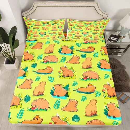 Miniatura 10 de jejeloiu Capybaras - Juego de sábanas de tamaño individual para amantes de los animales, para niños y niñas, lindas sábanas decorativas de Capybara